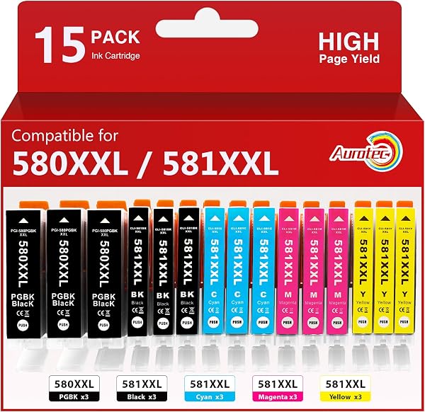 Aurotec 580XXL 581XXL Cartouches d'encre Remplacement Compatible pour Canon PGI-580 CLI-581 pour Canon Pixma TS6350 TS705 TS8350 TS8352 TS9550 TS6351 TS8351 TR8550 TR7550 TS9150 TS9550 TR7650(15-Pack) - 1
