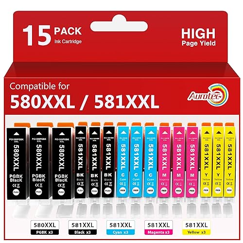 Aurotec PGI-580 CLI-581 XXL Druckerpatronen Kompatibel für Canon 580 581 XXL Multipack für Canon Pixma TR8550 TS8350 TS6300 TS6350a TS705a TS9550 TS6250 TR8500 TR7550 TS6350 TS6150 （15 Pack）