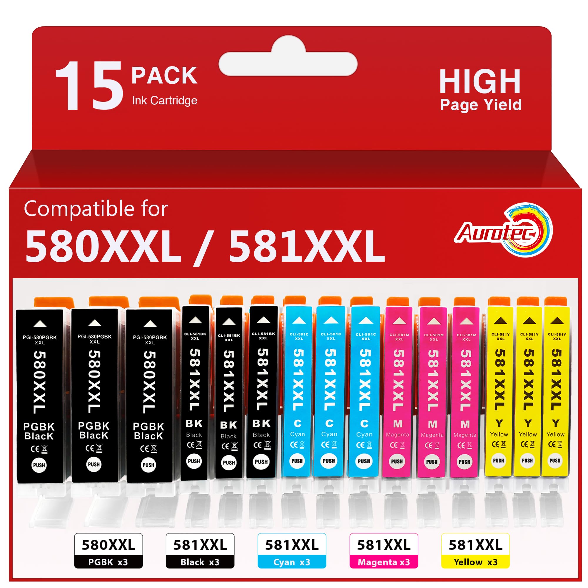 Aurotec PGI-580 CLI-581 XXL Druckerpatronen Kompatibel für Canon 580 581 XXL Multipack für Canon Pixma TR8550 TS8350 TS6300 TS6350a TS705a TS9550 TS6250 TR8500 TR7550 TS6350 TS6150 （15 Pack）