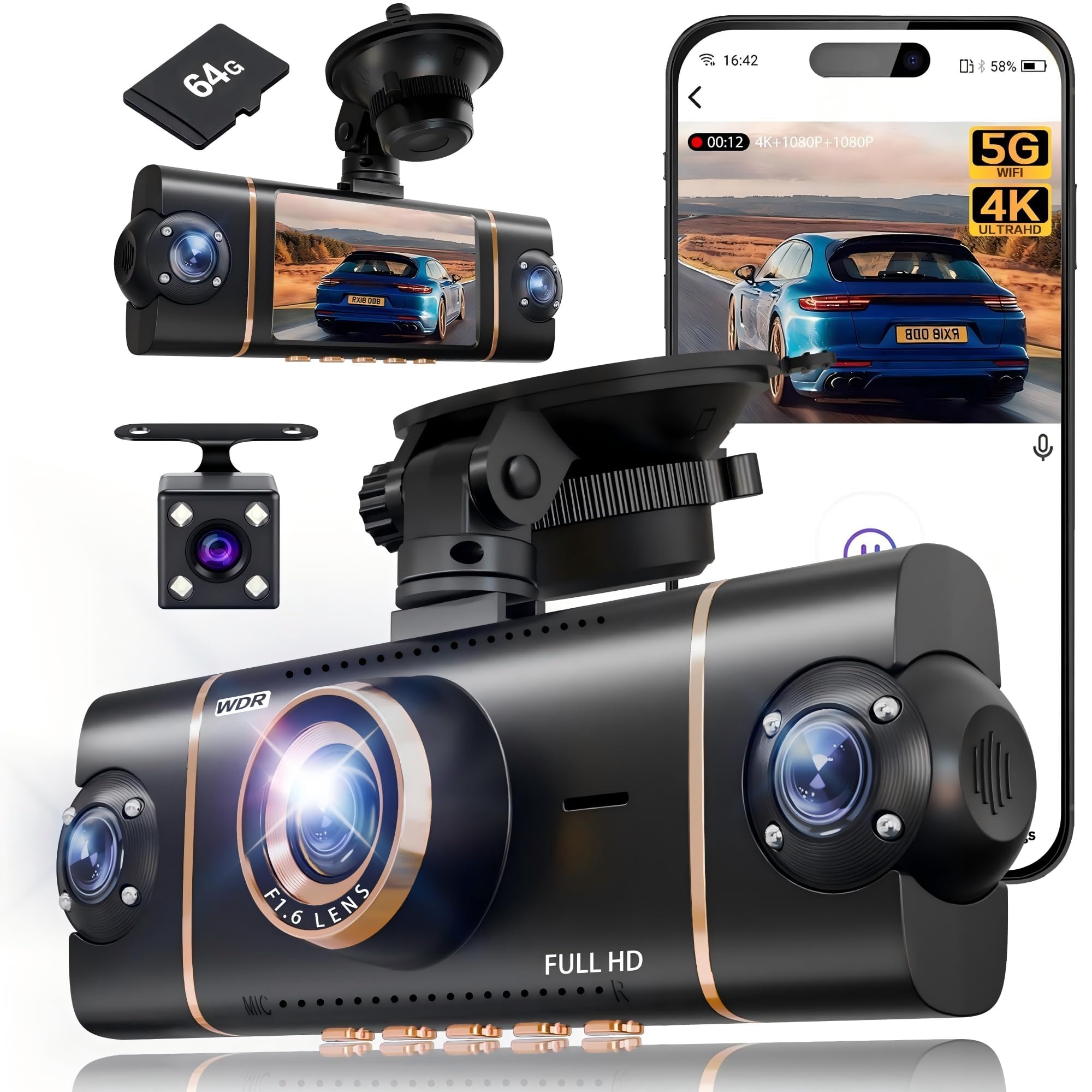 Photo 1 of XYGCACO 4 Channel 360° Dash Cam Front Rear Inside and Left Right, 4K+1080P*3 FHD Car Camera, 5GHz WiFi and App Control, 24H Parking Mode, 8 IR Lamps Night Vision, Includes 64GB SD Card, Black