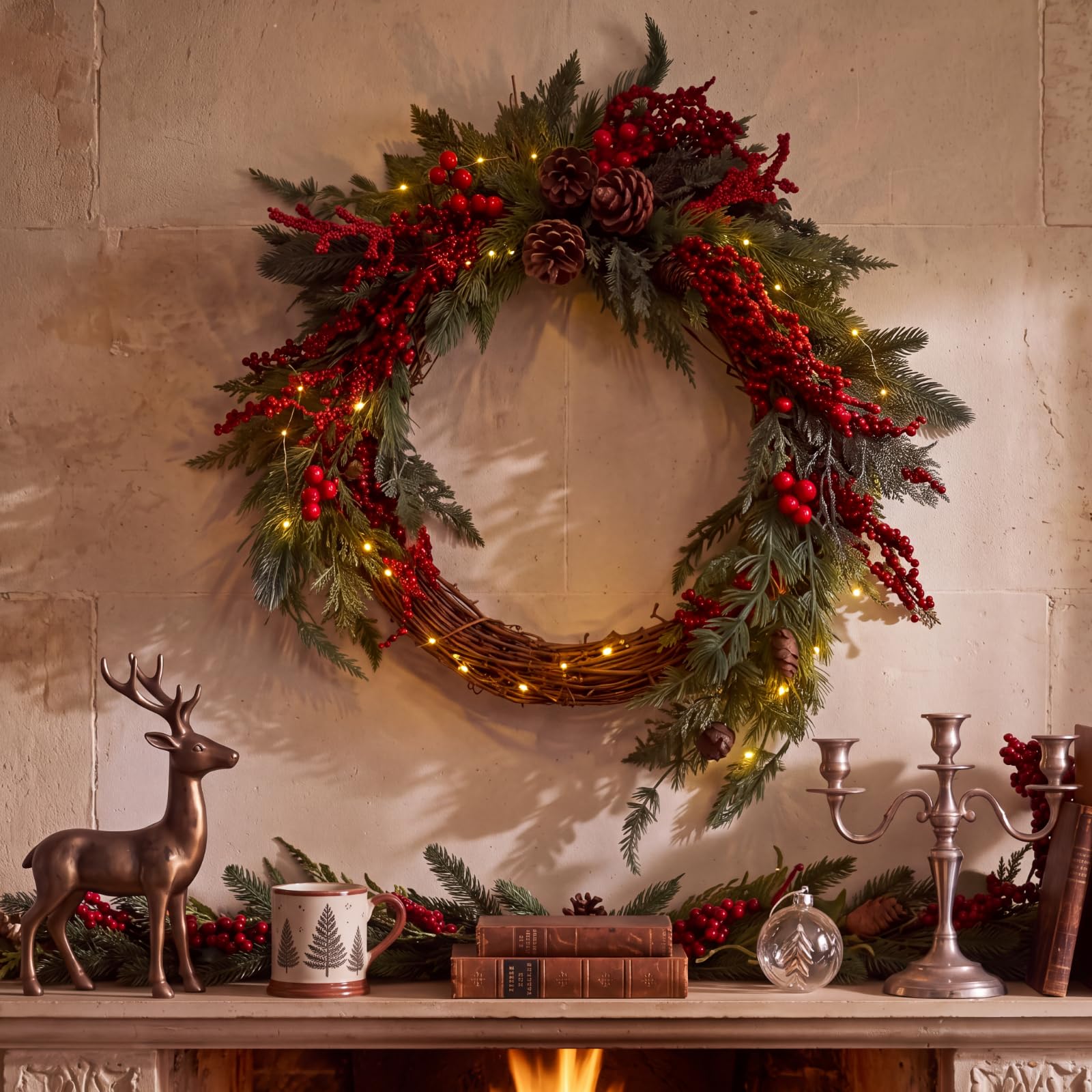 Yinder Couronne de Noël de 55,9 cm pour porte d'entrée avec lumières rouges en cèdre de pin artificiel avec pommes de pin – Couronne de Noël lumineuse avec pommes de pin – Couronne de Noël pour porche