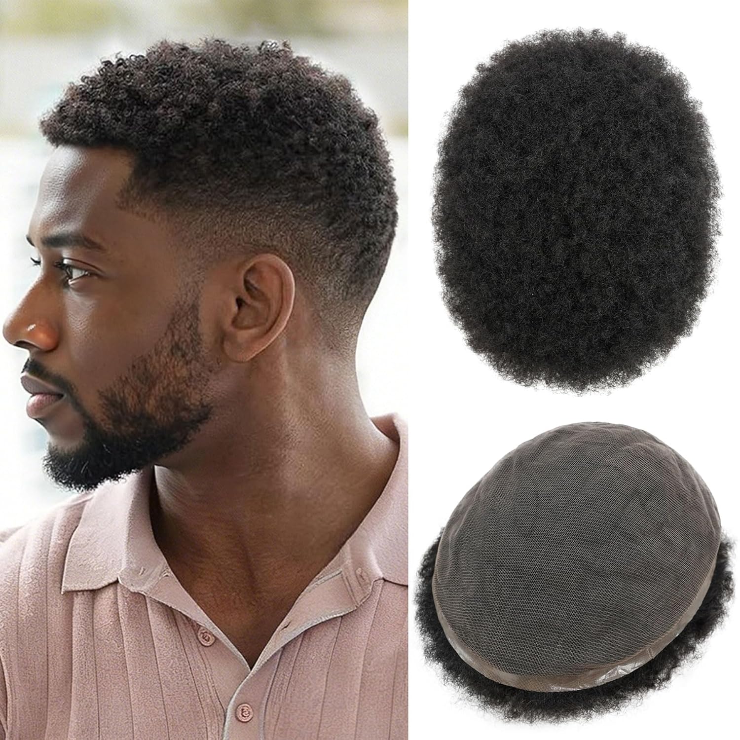 Afro Toupee 4MM Tight Curly Hair for Black Men, 100% Human Hair Repalcement System for Men 8x10inch Breathable Transparent Lace Base Hairpiece Arican American Wigs(4MM, 1B# Natural Black)
