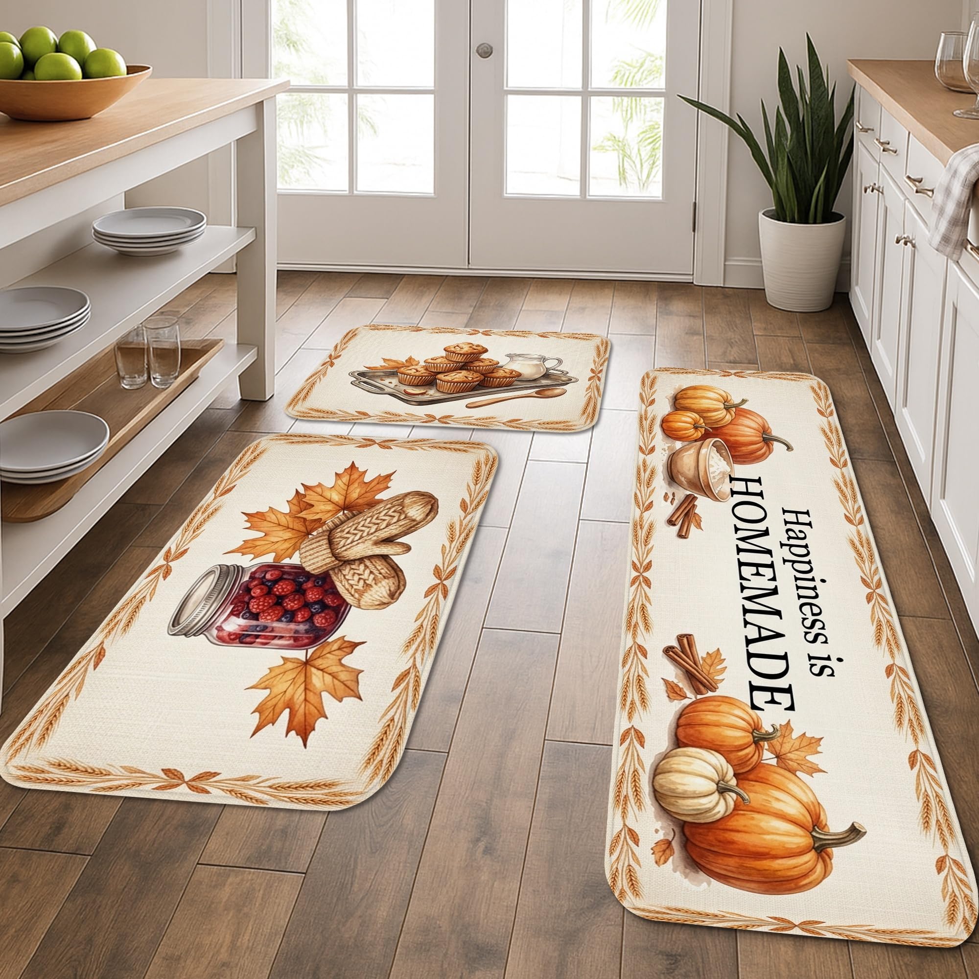 Tapis de cuisine douillet et lavable style rustique citrouilles | 3 pièces