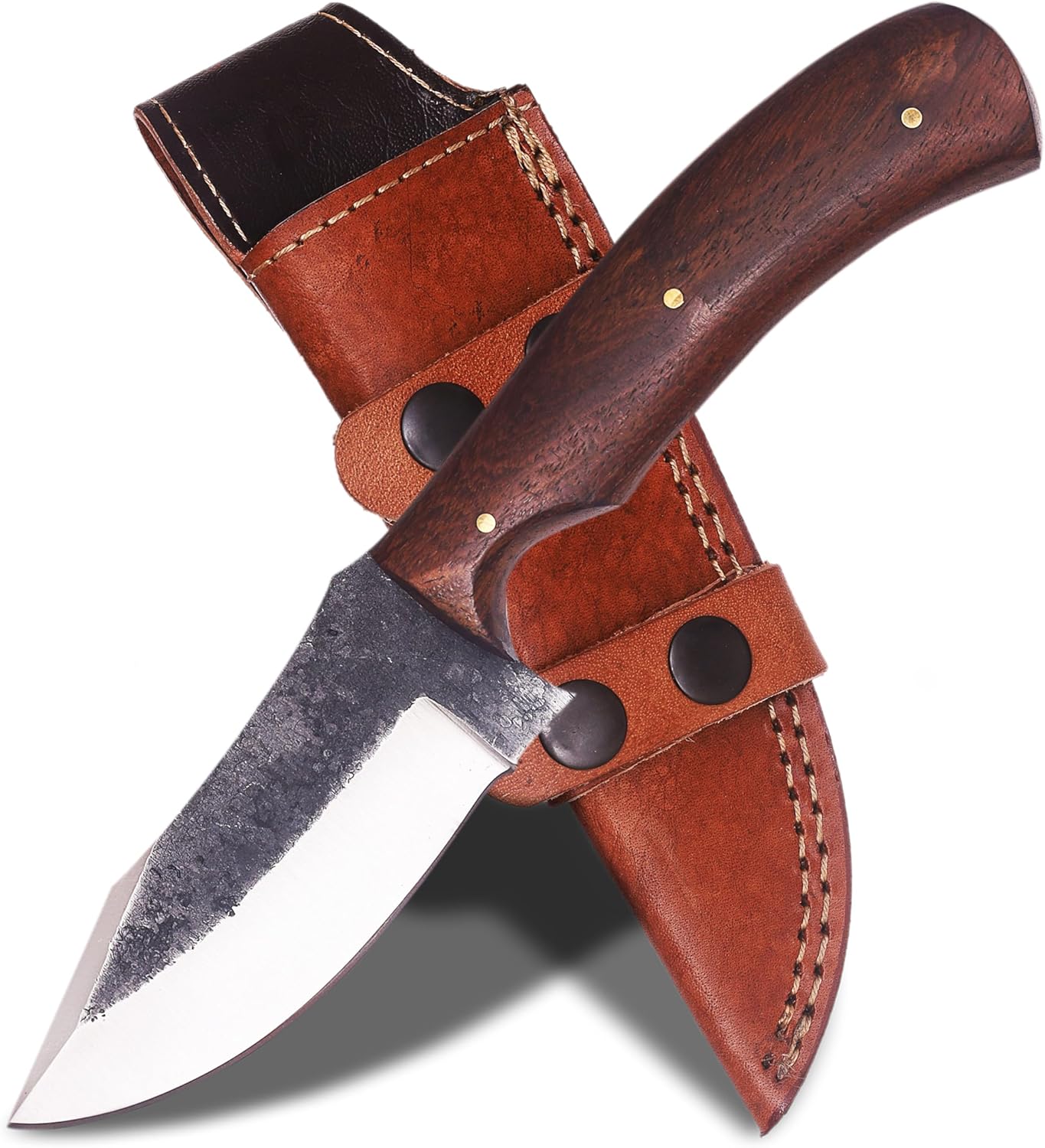 Damascus Stainless Steel Hunting Knife with Leather Sheath - 6.25" Full Tang Fixed Blade Hunting Knife with Sheath for Men – Tactical Survival & Camping Knife for Outdoor Adventure
