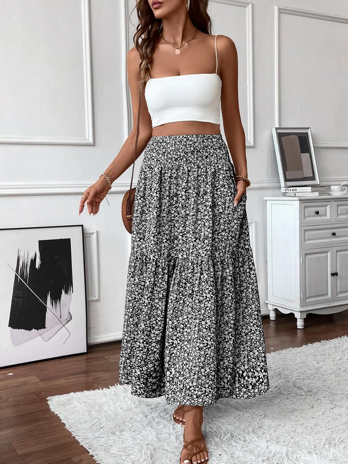 Women's Boho Maxi Skirt Floral Printed Smocked High Waist Long Skirts with Pockets Flowy Ruffle A-Line Summer Beach - Image 4