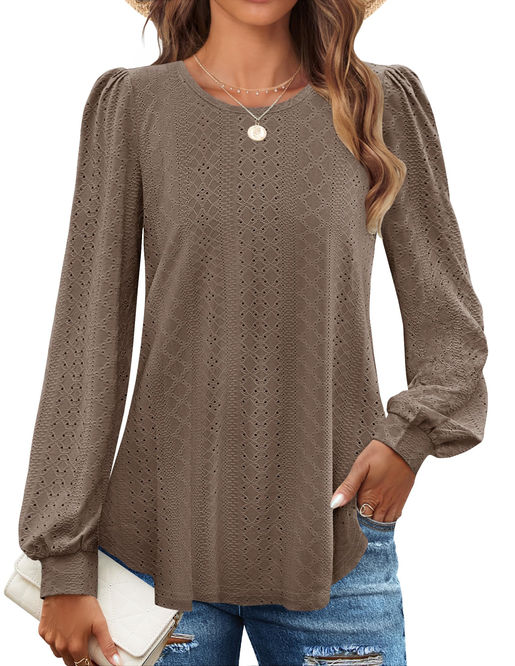 ZESICA Long Sleeve Eyelet Tops for Womens Crew Neck Spring Shirts Casual Loose Blouses 2026 Trendy Clothes