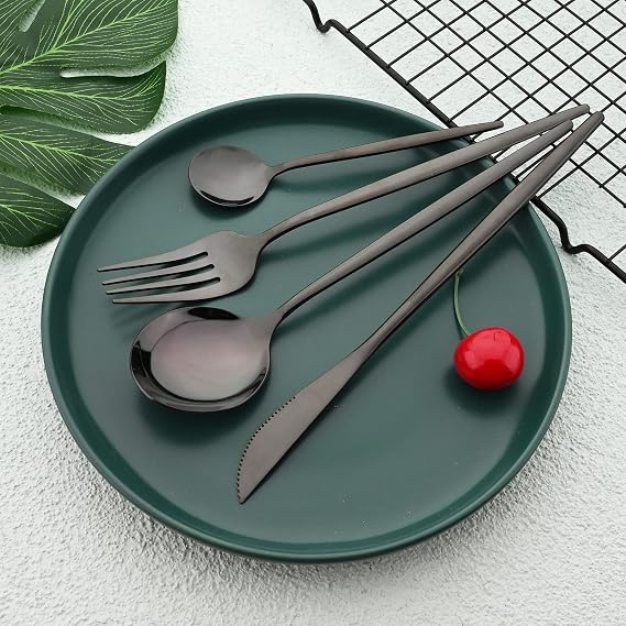 24pcs Silverware Flatware Sets, Mirrored Stainless Steel Cutlery Set, Spoons Forks Knives, Modern Design,service for 6 - Black