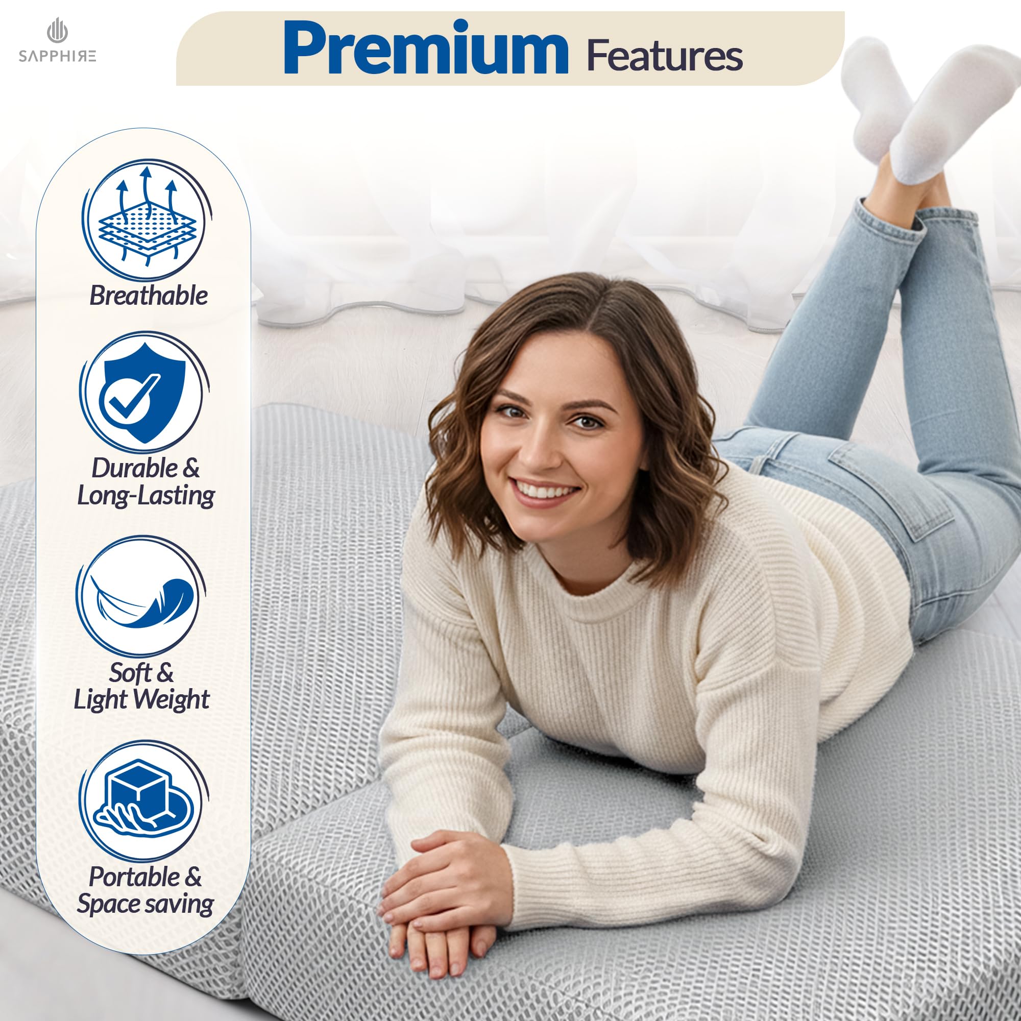 SAPPHIRE Faltmatratze Gästebett, Z-Bett, 100 % Schaumstoff-Füllung, dreifach gefaltet, Einzelbett, faltbarer Bodenbett, Würfel, Grau