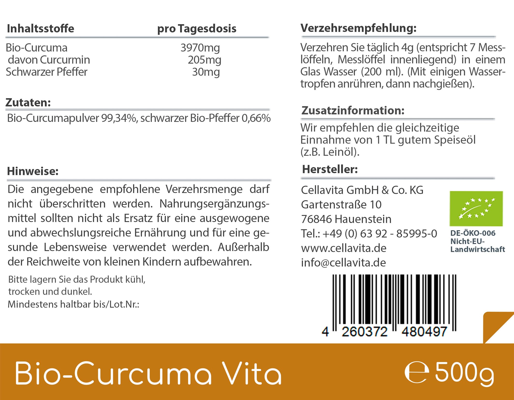 CELLAVITA Bio Curcuma Vita 4-Monatsvorrat 500g Bio Curcumapulver & schwarzer Pfeffer Kurkuma Gelber Ingwer und Safranwurz (Bio-Qualität)
