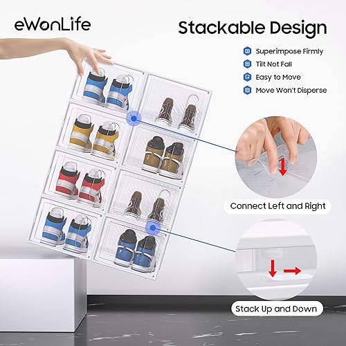 Miniatura 6 de eWonLife Caja de almacenamiento grande para organizar zapatos con puerta magnética, paquete de 12 contenedores apilables de plástico transparente