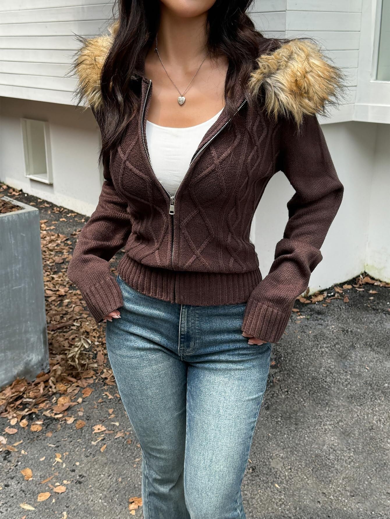 Maglione da donna Y2k con zip e collo di pelliccia, grosso, taglio grosso, cardigan lavorato a maglia, per adolescenti, emo, grunge, anni 2000, abbigliamento vintage streetwear