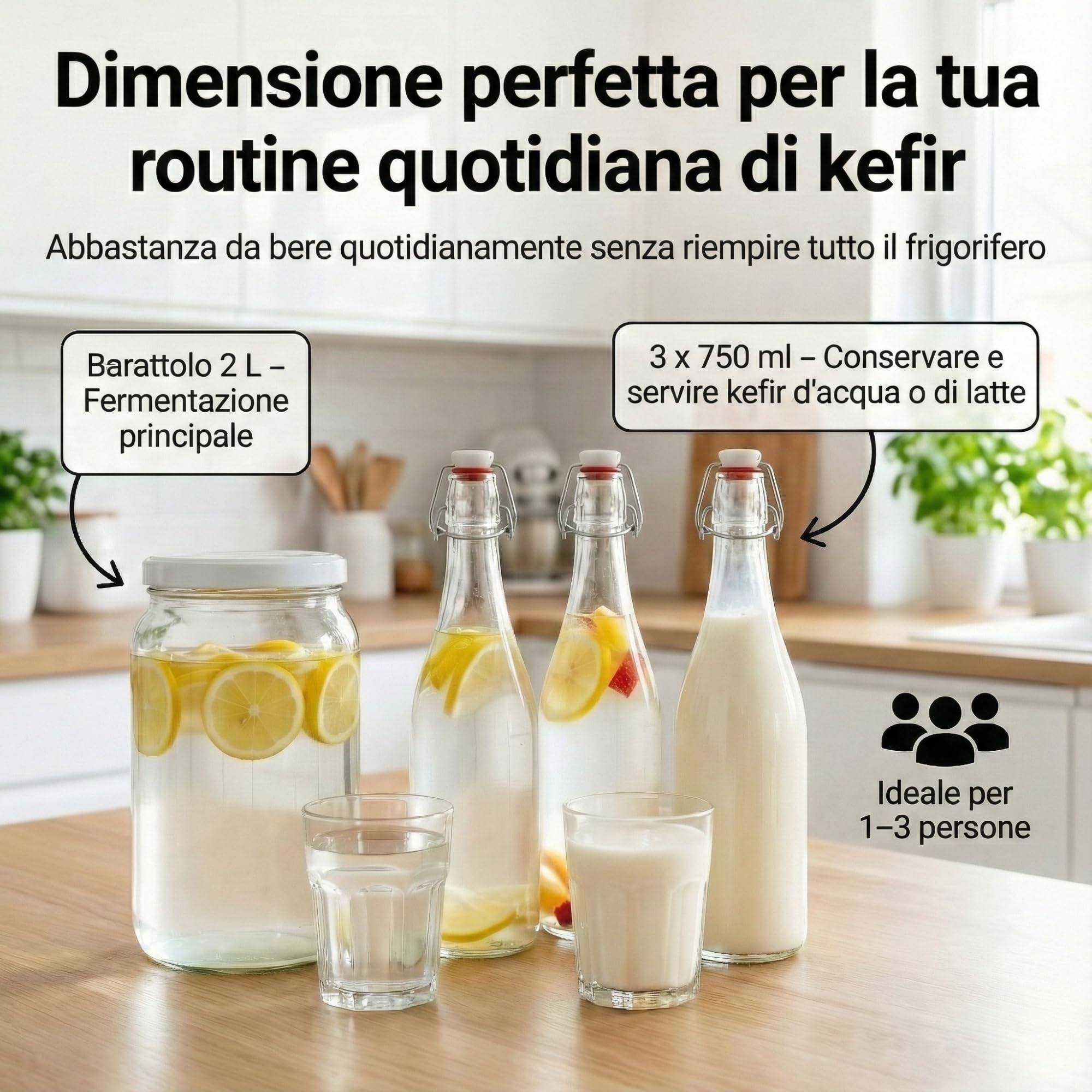 myFERMENTS - Kit Produzione Bevande Artigianali | Barattolo Vetro 2L | 3 Bottiglie Ermetiche 750ml | Imbuto e Mussola | Adatto per Birra, Liquori, Kombucha, Kefir | Trasparente, Vetro