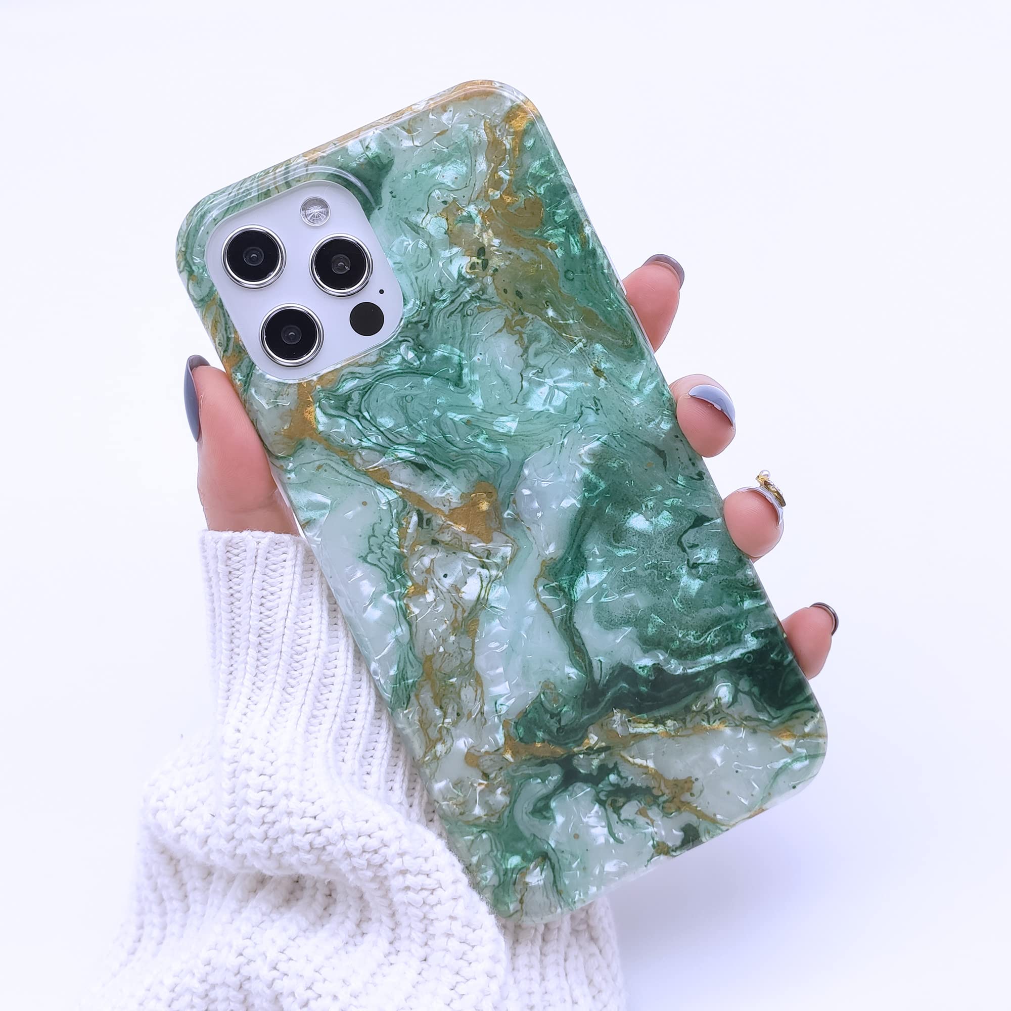 WEIYU Compatible with iPhone 12 Pro Max Soft Case, 3D Marble Pattern White Shell Design, Rugged Slim fit Shock-Absorbing Soft Rubber TPU Skin Cover Case for Apple iPhone 12 Pro Max (Green)