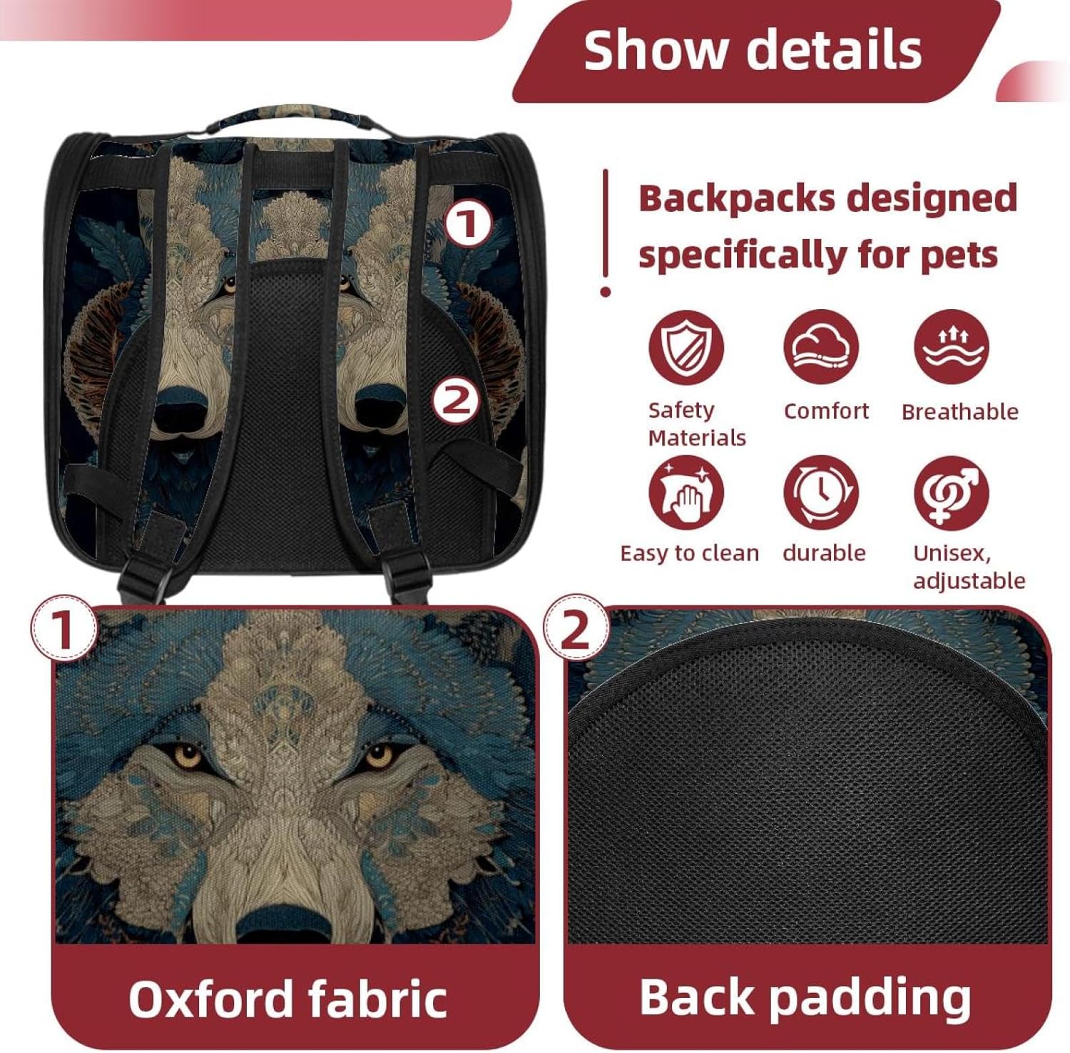 Portable Travel pet Backpack Carrier Hamster Bag Small Dog cat Carrier Breathable Hang Bag, Wolf Animal Print (3)