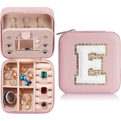 Parima Gifts for Teen Girls - 2025 Travel Jewelry Case Gifts Ideas, 6,7,8,9,10,11,12,13,14 Year Old Girl Birthday Gift Travel Jewelry Organizer Christmas Gifts for Daughter - Letter E, Pink