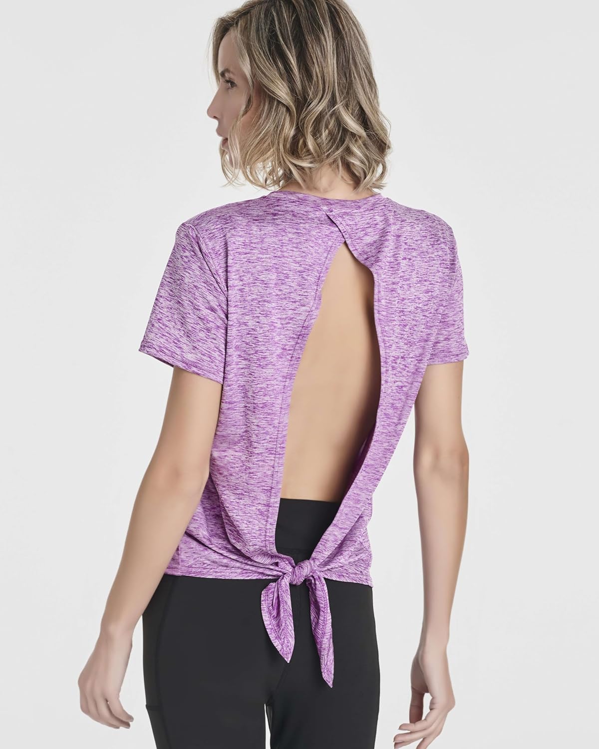 Real Essentials 5 Pack: Women's Short Sleeve Open Back Tie Back Dry-Fit T-Shirt Yoga Gym Workout Top - Image 3