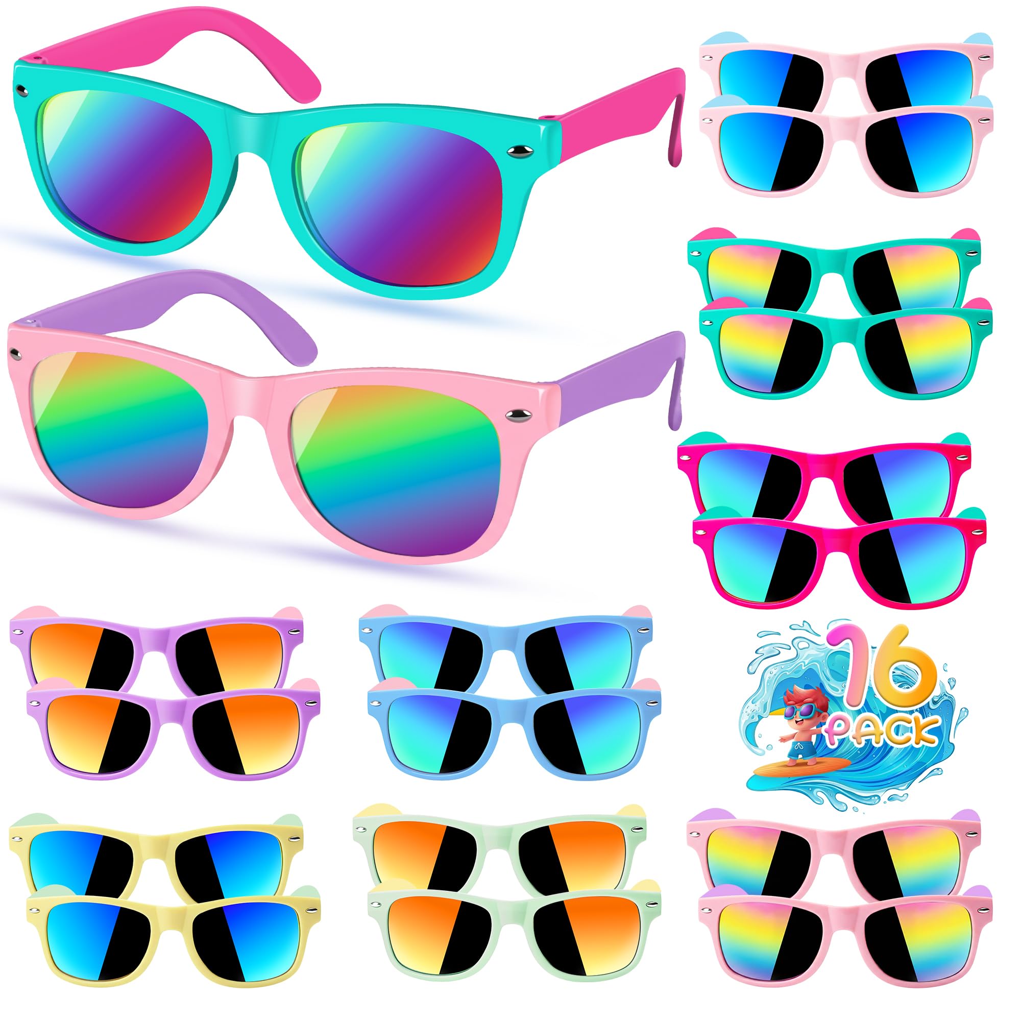 Kids Sunglasses Bulk, Kids Sunglasses Party Favors for Age 3-8, UV400 Protection Neon Kids Sunglasses Bulk for Boys Girls (Square 16 Pack)