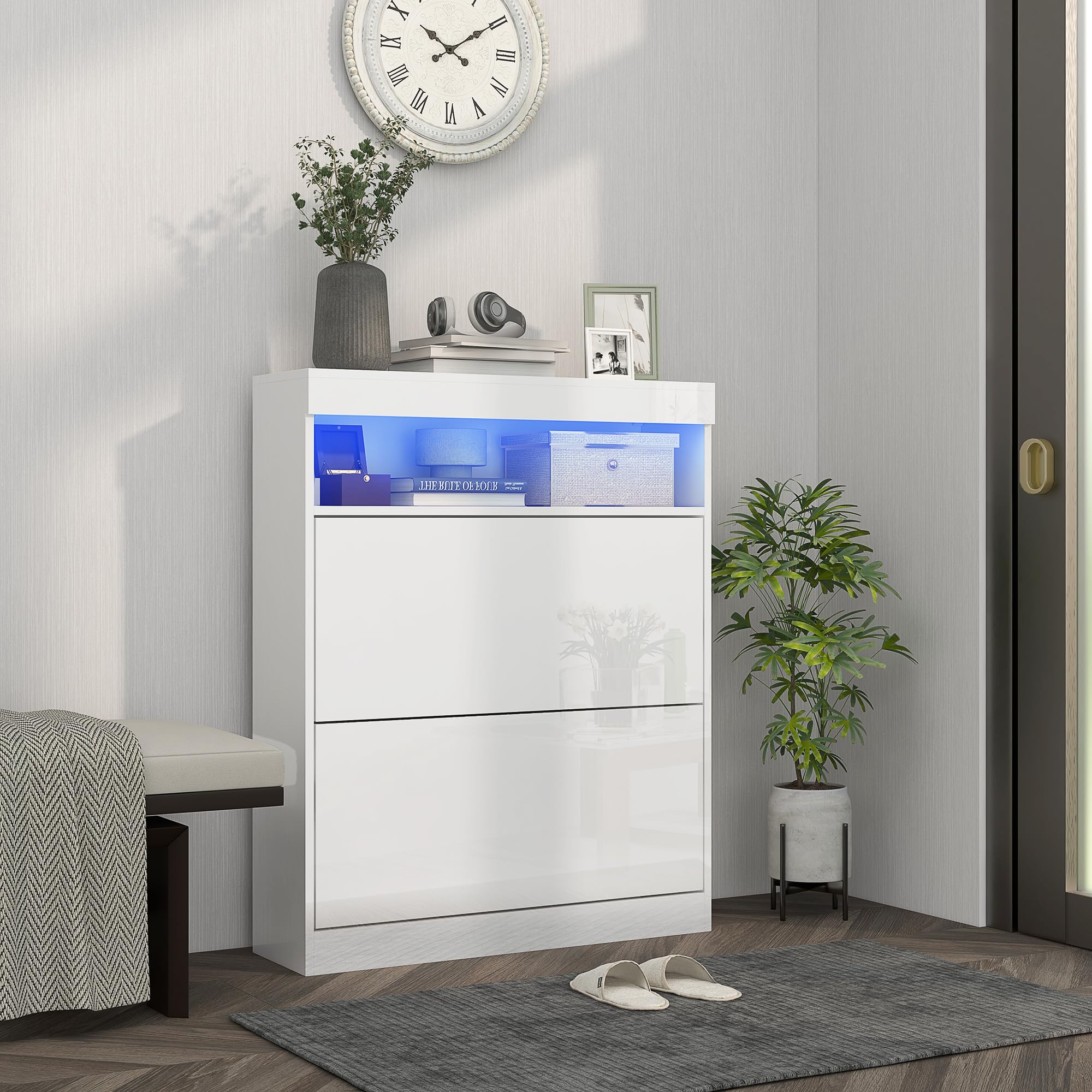 HOMCOM Mueble Zapatero de Recibidor con LED Blanco Brillo 80x24x99,5 cm | Armario Zapatero Independiente o Pared, Estante Abierto, 2 Cajones Abatibles, para 12-16 Pares de Zapatos