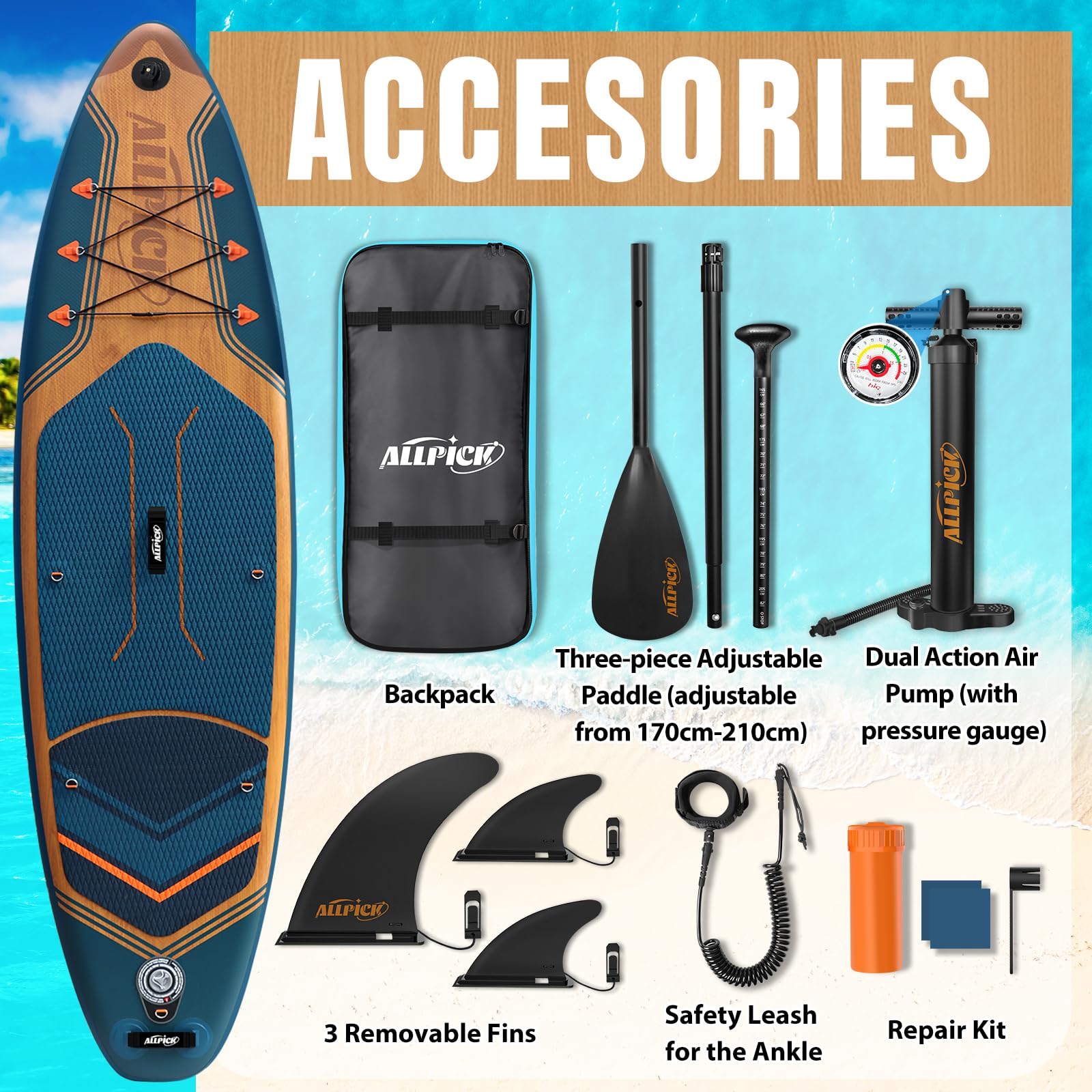ALLPICK Stand Up Paddling Board Aufblasbar, SUP Board Set, 200kg | Universal Kamerahalterung, Komplettes Zubehör, Verstellbares Paddel, Anfänger, Fortgeschrittene