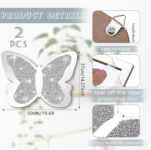 Miniatura 2 de 2 espejos en forma de mariposa con diamantes triturados de cristal plateado, decoración de pared plateada para sala de estar, espejo decorativo