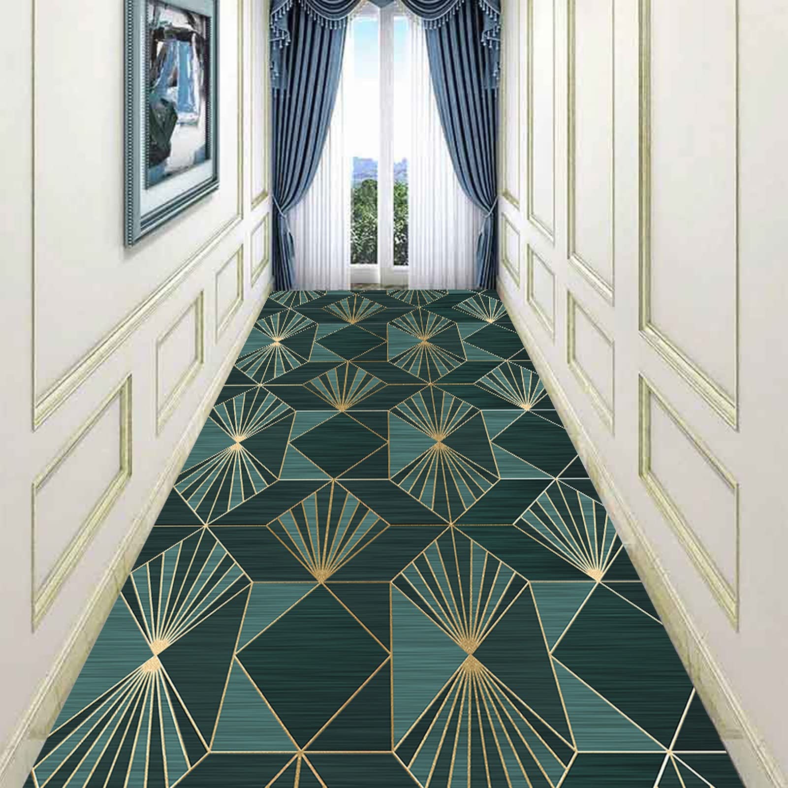 Tapis de couloir vert nordique antidérapant de passage 60x500 cm