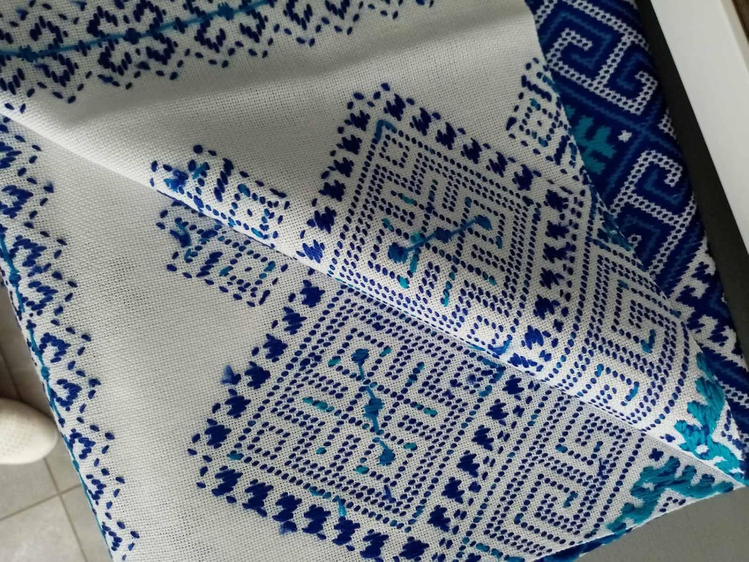 Ukrainian Embroidered Rushnyk Blue Geometric Cotton Table Runner Wedding Ceremony Decor Easter Cloth 79"