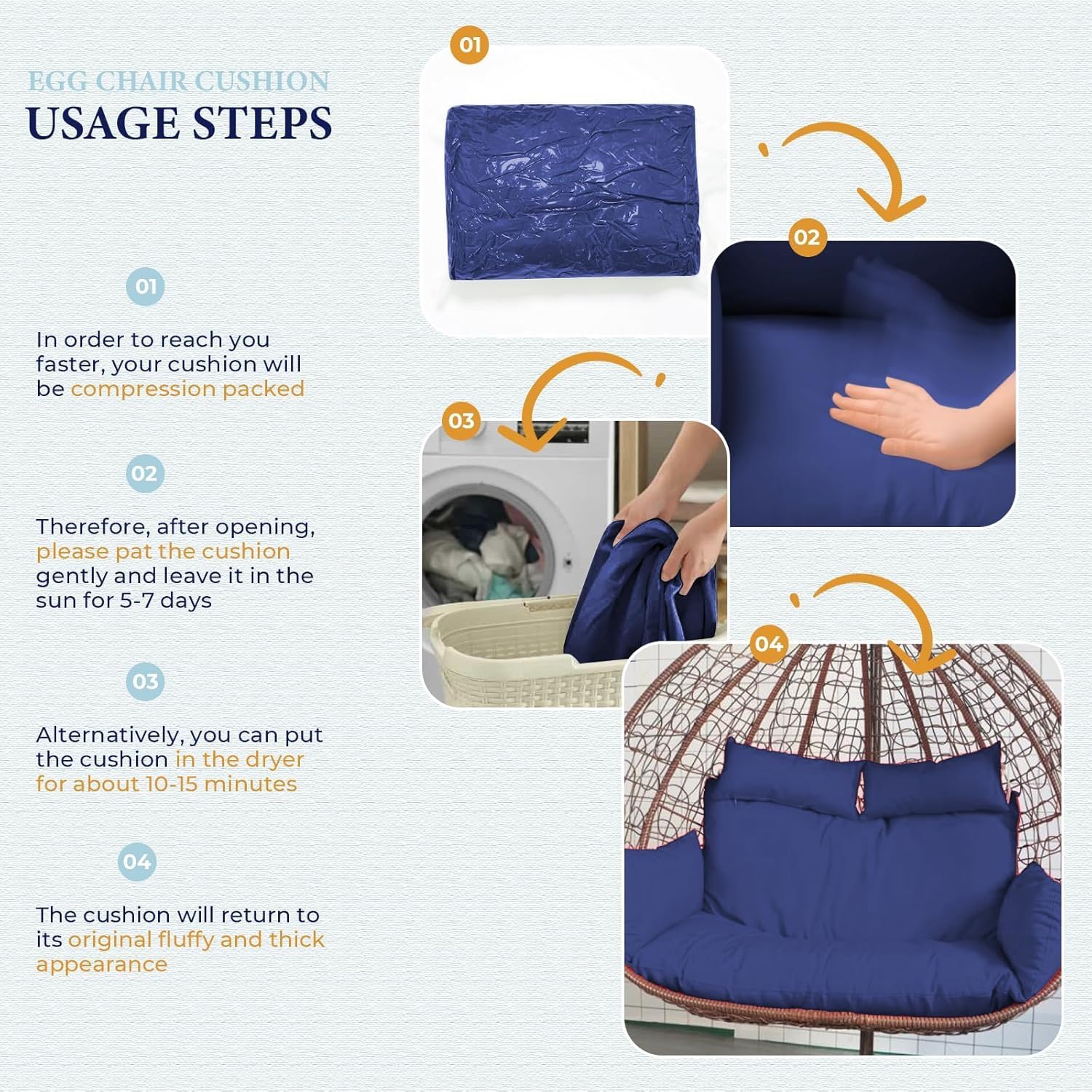 Waterproof Double Egg Chair Cushion Replacement for Patio 2 Person Hanging Egg Chair - Quick-Drying, Weather-Resistant, Soft Cotton Filling, Machine Washable (Blue)