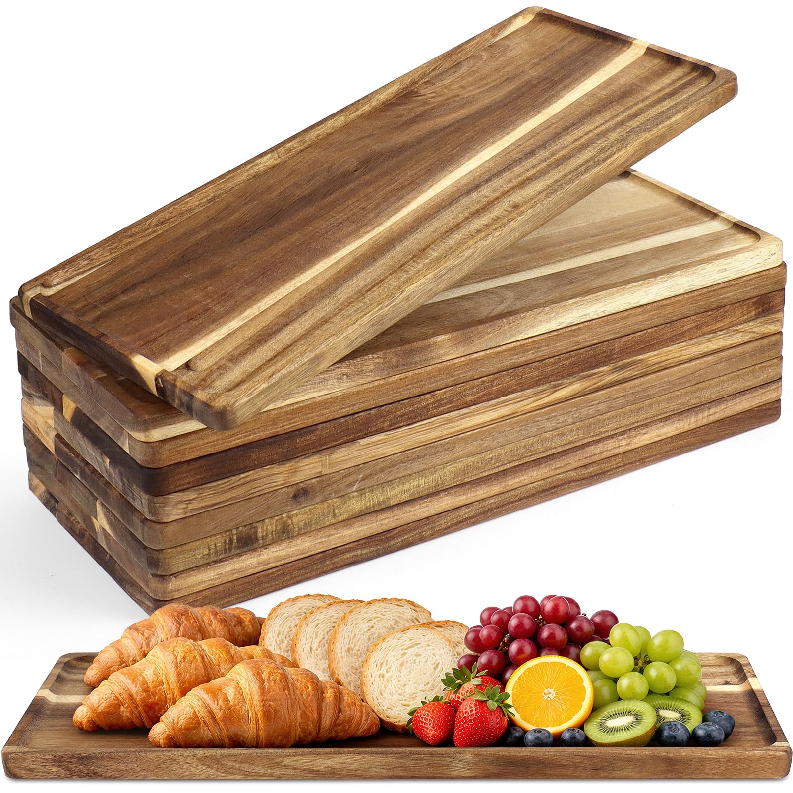 Lot de 10 Plateaux de Service Rectangulaires en Bois d'Acacia, 42 x 16 cm