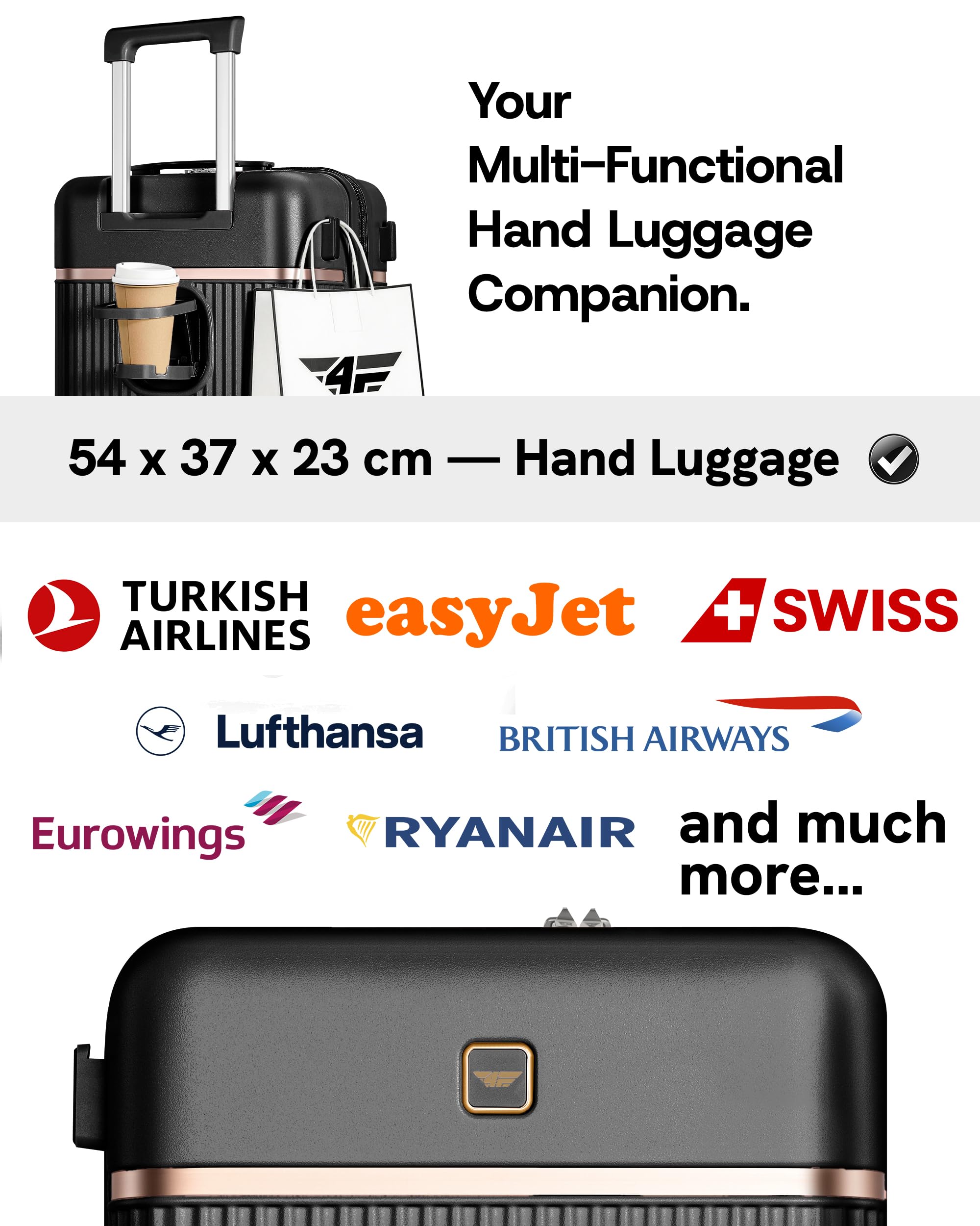 Maleta de Cabina Rígida Premium Ligera M, 54 x 37 x 23 cm, 37L, con Cerradura TSA, Puerto USB-A/C, 4 Ruedas Spinner, Asa Telescópica de Aluminio, Cumple Normas de Aerolíneas