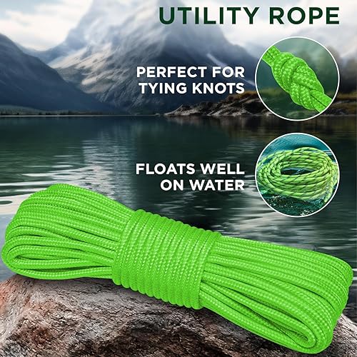 Vista 18 de TECEUM Cuerda – 90 pies x 1/4 pulgadas (0.276 in) – Verde militar – Cuerda fuerte multiusos – Camping, manualidades, asta de bandera