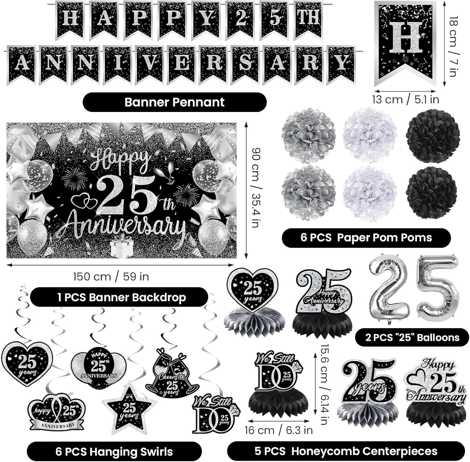 25th Wedding Anniversary Decorations Black Silver Happy 25th Anniversary Banner Backdrop Honeycomb Centerpiece Hanging Swirls Pom Poms for 25 Years Silver Wedding Party Decorations Supplies