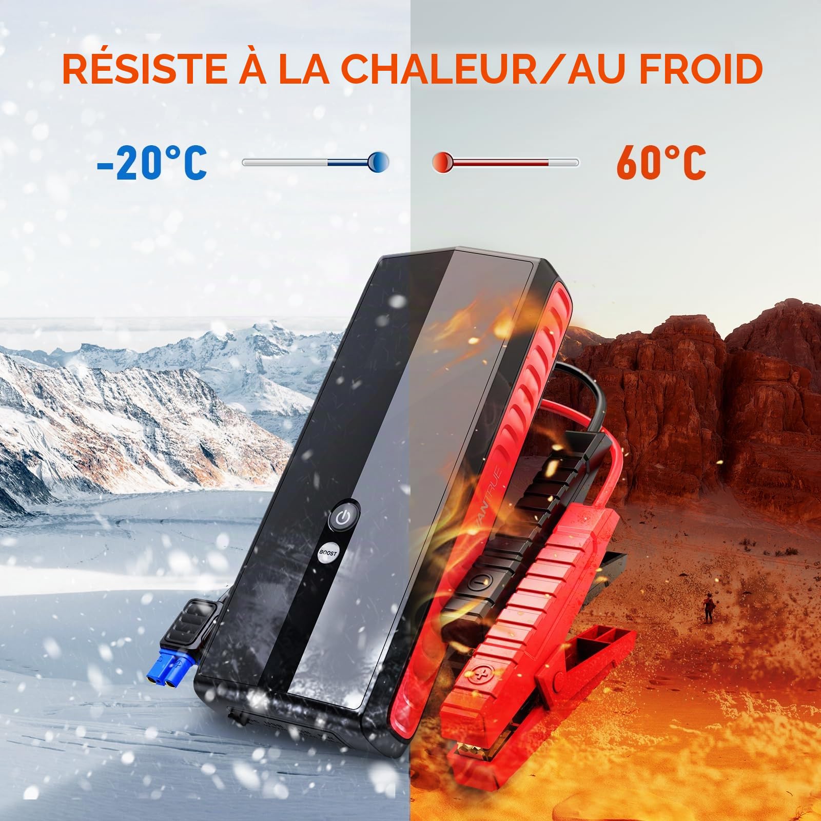 VANTRUE Bloc d'alimentation JS1, courant de crête 3000 A, 20 000 mAh, démarreur de voiture 12 V, écran LED et éclairage d'urgence, câble de batterie, gaz 7,5 l/diesel 6 L, charge rapide PD 65 W