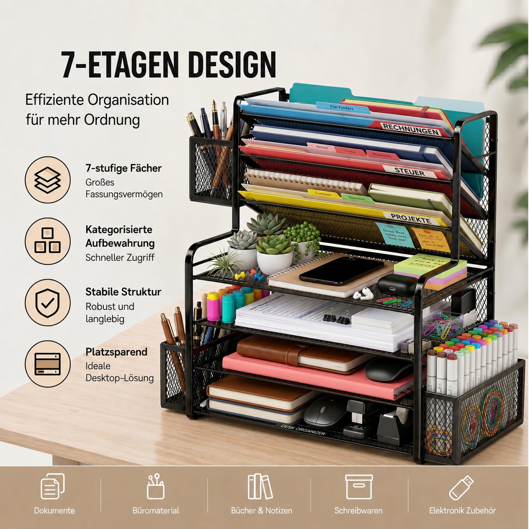 7-stöckiger Schreibtisch-Organizer aus Metall, Schwarz | Briefablage Papierablage mit Stiftehalter und Hängekorb, Dokumentenablage für Büro und Home Office