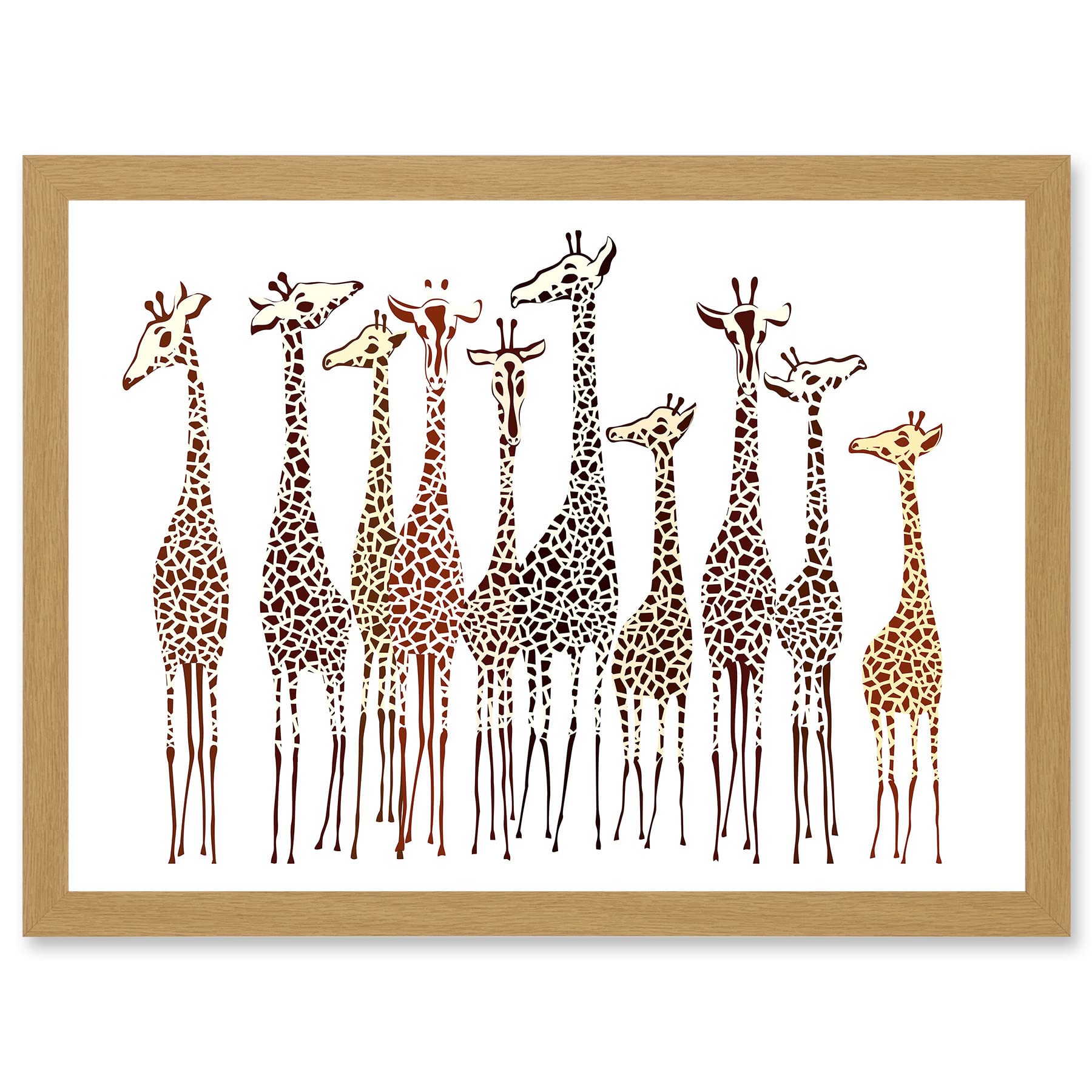 Artery8 Framed Wall Art Print - 10 Giraffes Illustration - A4 Artwork - Light Oak Frame