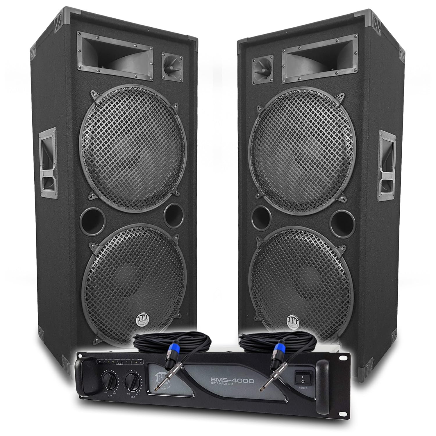 Pack Sono DJ BM Bmsonic Amplificateur 4000W, Paire d'Enceintes Passives LSC215 2x2000W, Câbles Speakon, Sonorisation Pro