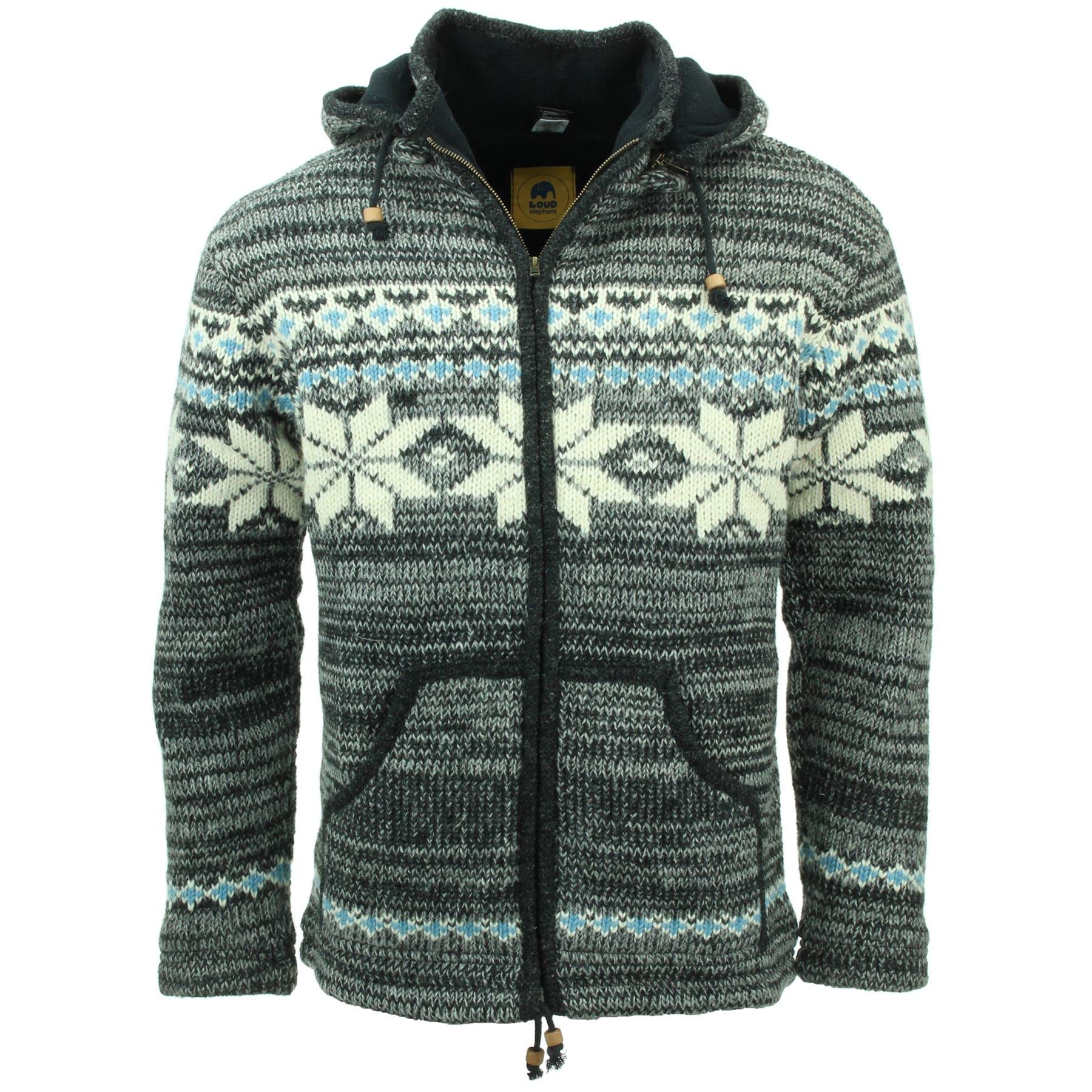 LOUDelephant Chunky Wool Knit Hooded Cardigan Jacket - Grey Brown Fairisle (Medium)
