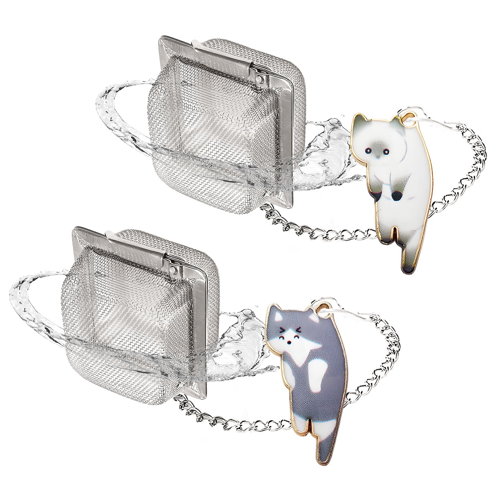 PUSCOBSY Cat Tea Infuser Set, 2 PCS Cube Tea Strainer for Loose Tea, Cute Cat Charm Pendant Tea Steeper, Stainless Steel Mesh Tea Diffuser for Extraction (White & Gray)
