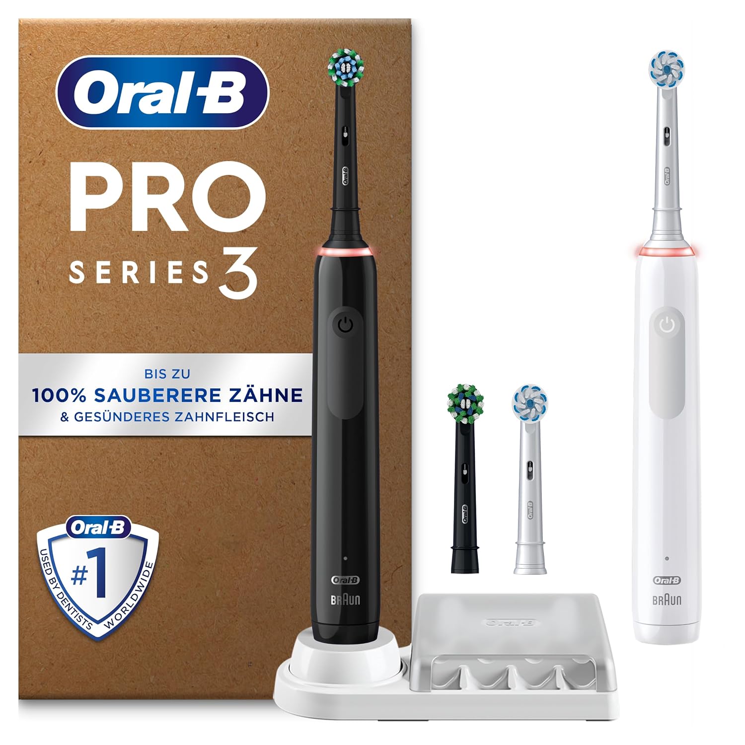 Oral-B Pro Series 3 Plus Edition Elektrische Zahnbürste, 3 Aufsteckbürsten, mit visueller 360° Andruckkontrolle für Zahnpflege, recycelbare Verpackung, Designed by Braun, schwarz