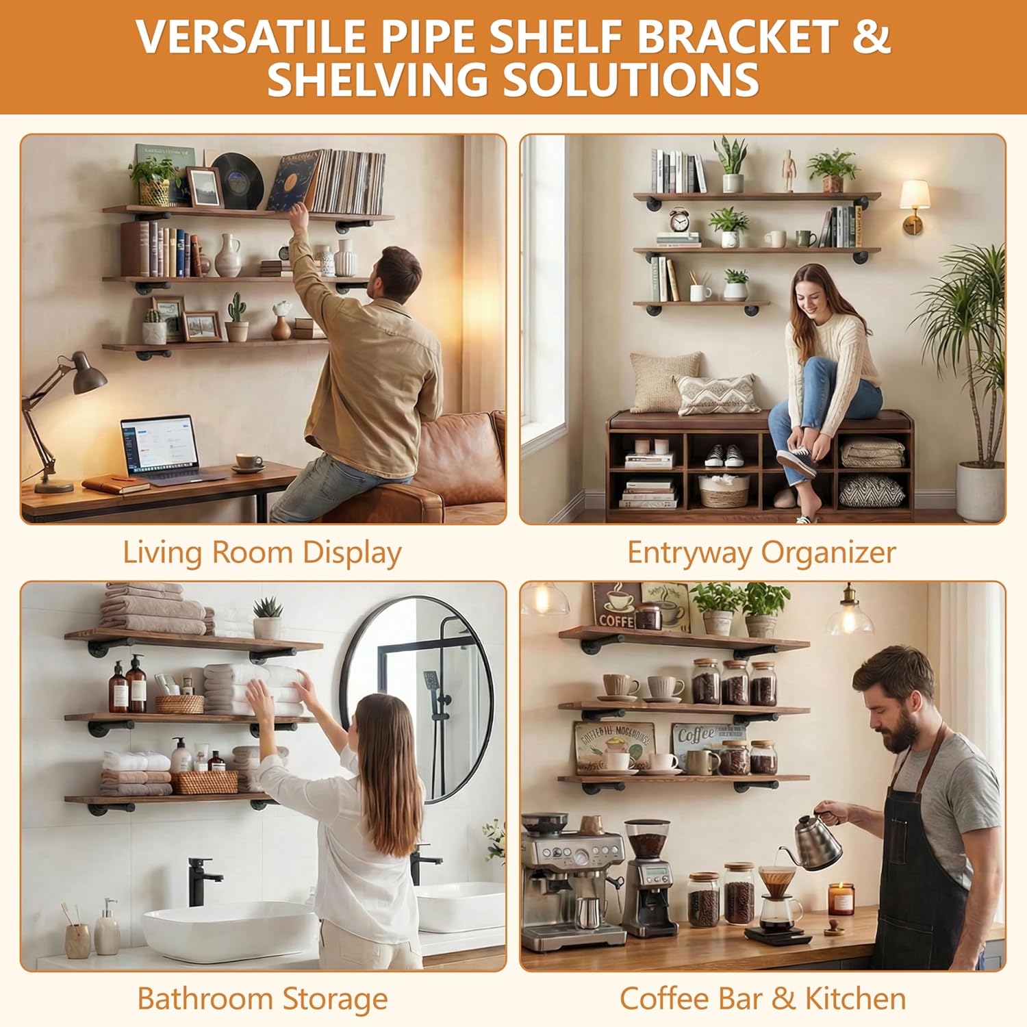 IAE Floating Pipe Shelves Bracket ,Wall Mounted Pipe Shelf for 6-16 in Depth Wood,Heavy-Duty 3/4" Iron , Pipe Shelving Brackets for Living Rooms, Kitchens, Bathrooms, and Home Offices,16 Inch 8 Pack