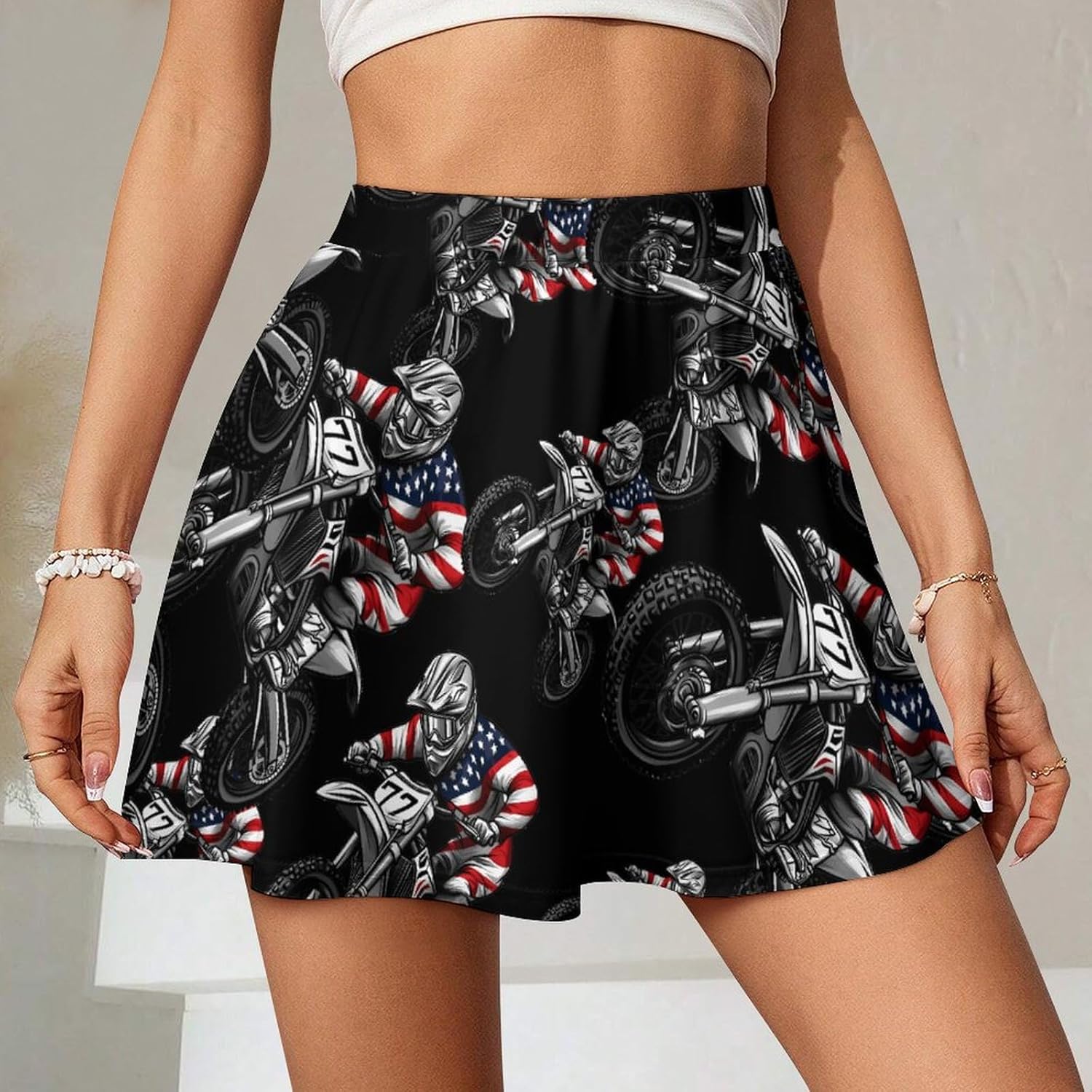 Dirt Bike Motocross US Flag Women Tennis Skirt Print Golf Skirts Mini Casual Workout Skorts