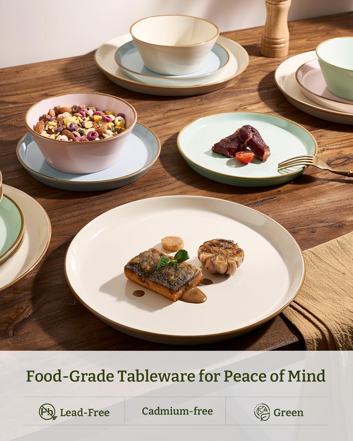 Famiware Saturn Dinnerware Sets, Plates and Bowls Sets for 4, 12 Pieces Stoneware Dish Set - Chip and Scratch Resistant, Microwave and Dishwasher Safe Tableware Set, Multi-color with Rim - Image 4