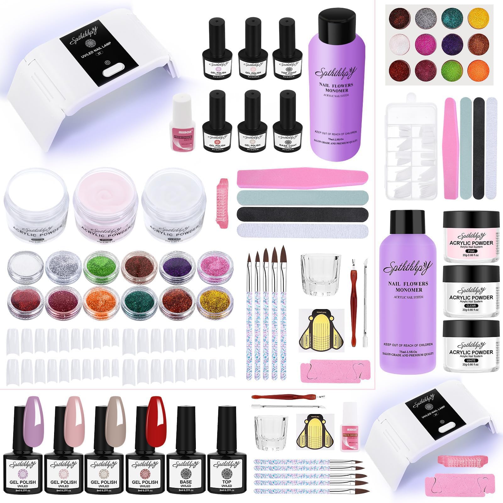 SPTHTHHPY Kit Uñas Semipermanentes Completo Lámpara LED de 36W,Kit Uñas Acrilicas de 75ML y Set de Polvos+Kit Uñas Semipermanentes en 4 Colores+2 Bases y Top Coat,500 Gel Uñas Postizas de Resina