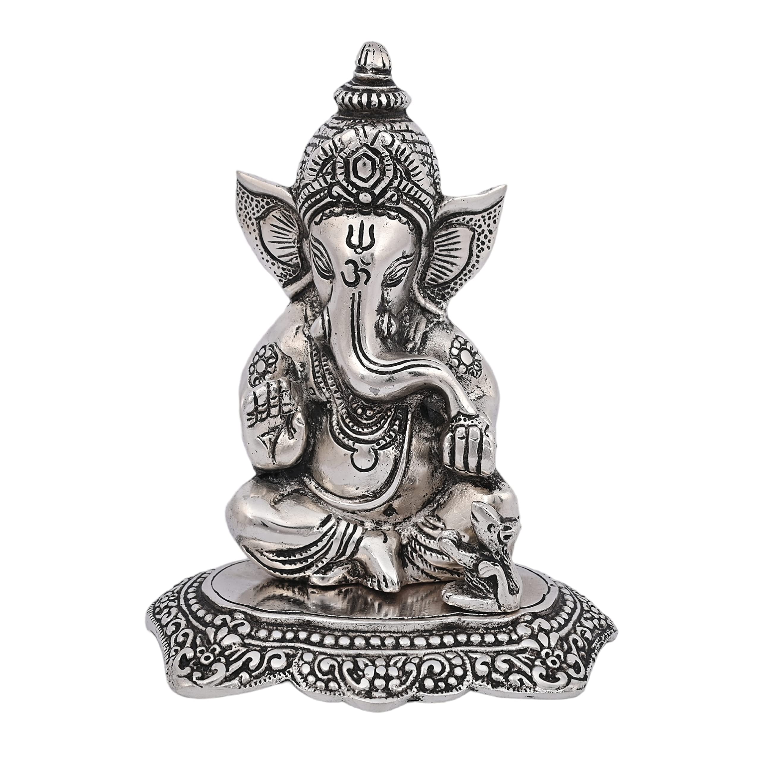 Ganesh Statue Elephant Buddha Sitting on Lotus Pedestal Lord Blessing Home Decor Hindu God Collectible Antique Silver Finish Casting Oxidized