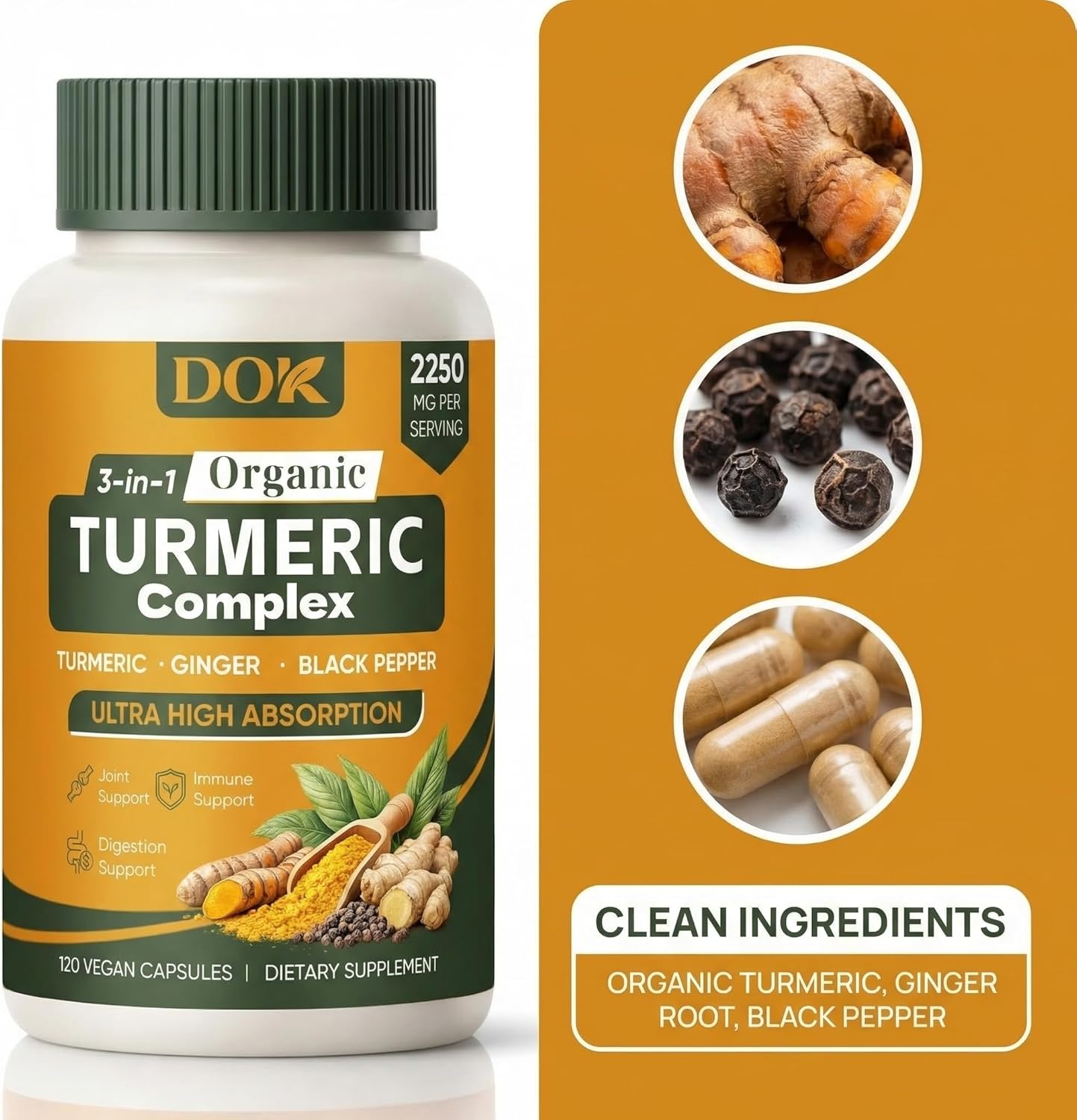 Turmeric Organic 3-in-1 Complex, Turmeric Curcumin Supplement with Black Pepper & Ginger 2250mg, Daily Support, Vegan, Non-GMO, 120 Count (A)