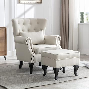 chairus Mid-Century Modern Accent Chair with Ottoman, Comfy Linen Single Sofa Chair Button Tufted Wingback Armchair with Pillow for Living Room/Bedroom/Club - Beige