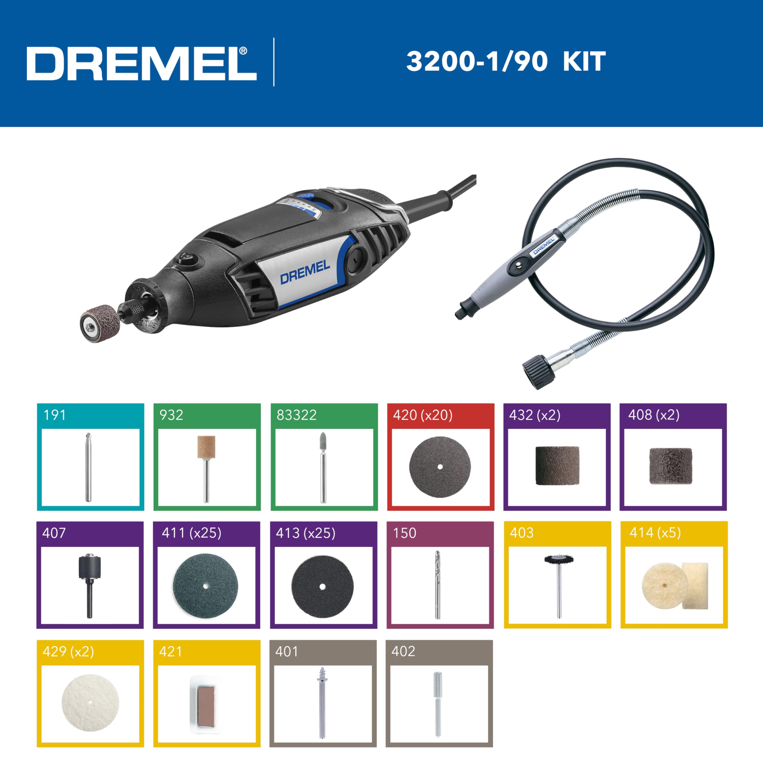 Dremel 3200 Herramienta Rotativa 130W, Multiherramienta con 1 Eje Flexible, 90 accesorios, Velocidad Variable 10.000-35.000 RPM para Cortar, Grabar, Tallar, Lijar, Limpiar, Pulir, Perforar, Afilar