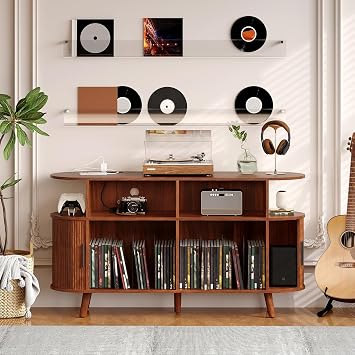Record Player Stand with Storage and Charging Station, Large Round Vinyl Record Cabinet, Mid-Century Modern Turntable Stand with USB Ports & Power Outlets for Living Room, Bedroom Walnut, 55.1