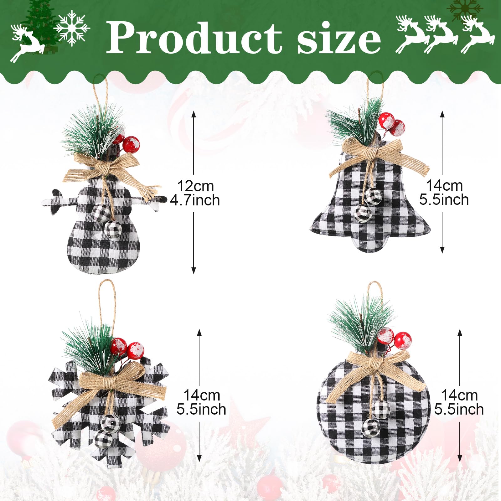 Sratte Lot de 20 décorations de sapin de Noël rustiques à suspendre en toile de jute de 7,9 à 15,2 cm, boules à carreaux rouge/blanc et noir pour décoration de Noël rustique (blanc, noir)
