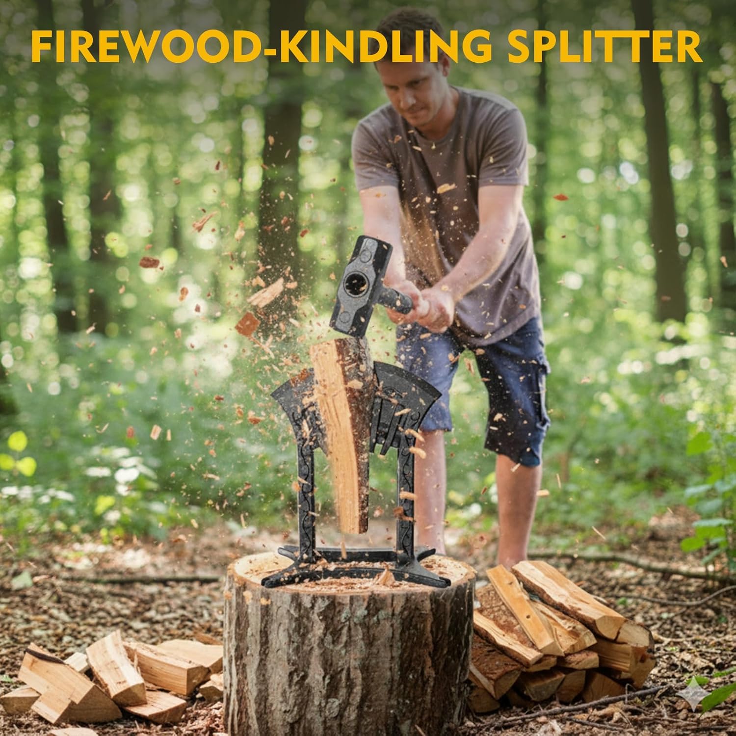 Kindling Splitter for Wood,One-Piece Molding Cast Iron Log Splitter,Manual Wood Splitter with 3 Lbs Sledge Hammer,Firewood Splitter Tool（Medium-Sized）