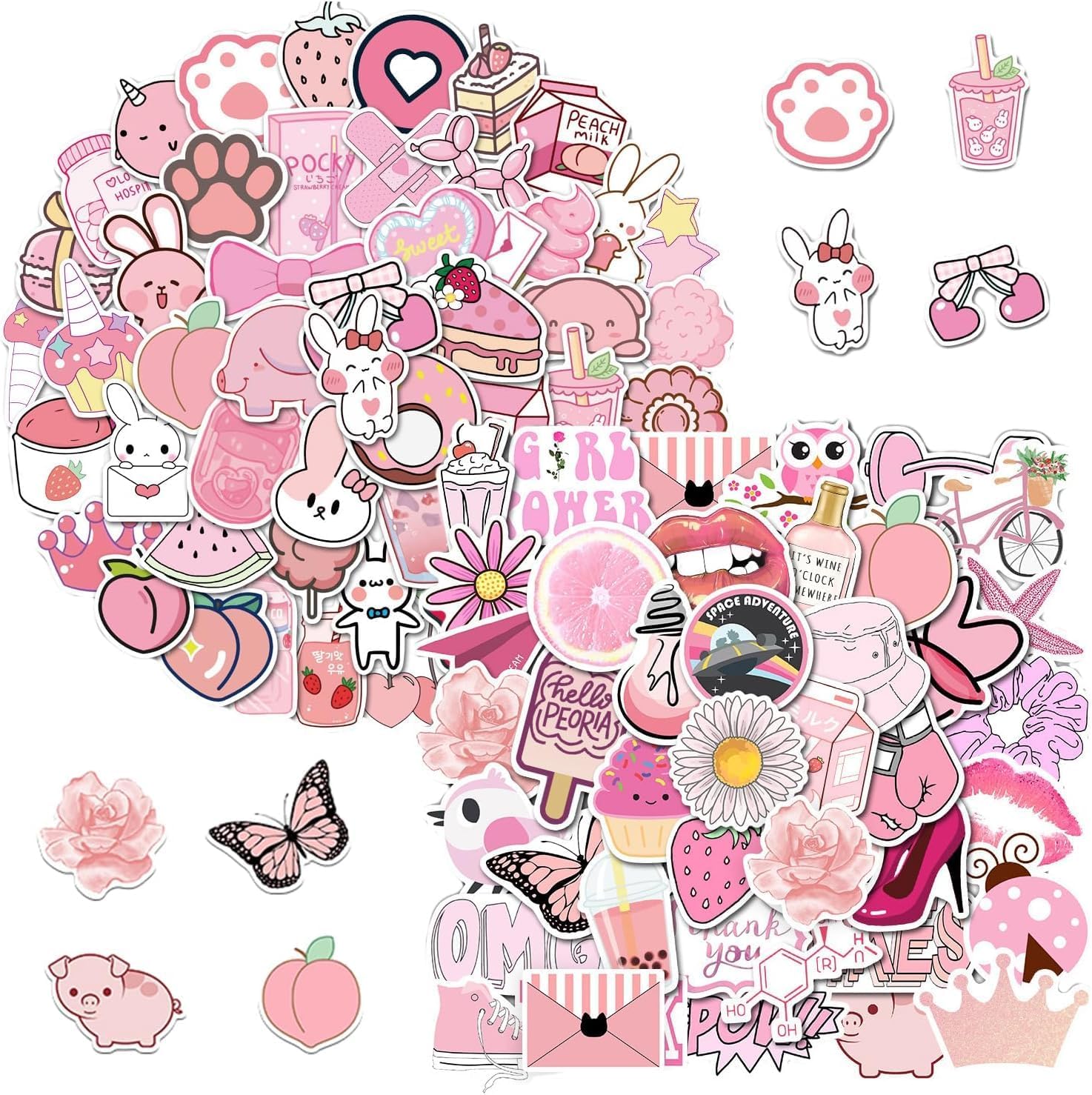 Pink Sticker Pack 100 Pcs Pink Cute Stickers Pack,Waterproof Self-Adhesive Vinyl Stickers ...